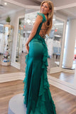 Charming Ailani Emerald Green Square Neck Ruffle Slit Prom Dress BM bride