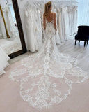 BMbride Fabulous Mermaid Tulle Lace Spaghetti Straps Sleeveless White Wedding Dresses With Appliques Train BMbride