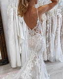 BMbride Fabulous Mermaid Tulle Lace Spaghetti Straps Sleeveless White Wedding Dresses With Appliques Train BMbride