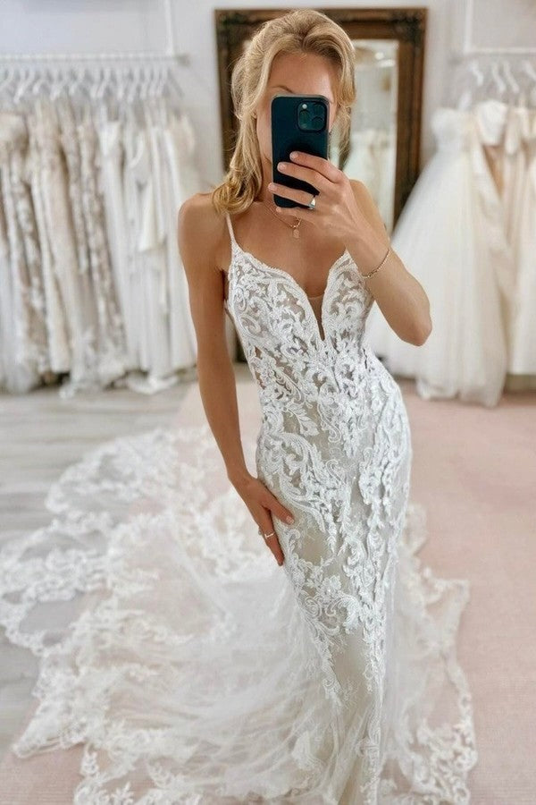 BMbride Fabulous Mermaid Tulle Lace Spaghetti Straps Sleeveless White Wedding Dresses With Appliques Train BMbride