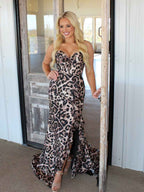Fierce Leopard Print Ruffled Corset Prom Dress with Slit
