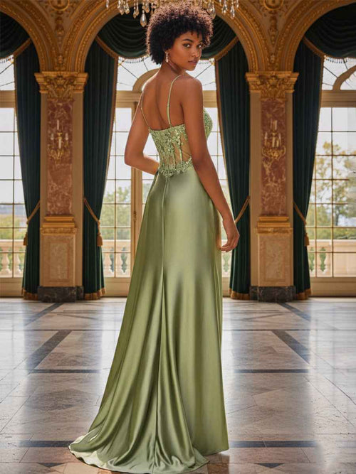 Fitted Applique V Neck Silk like Satin Corset Prom Dress with Slit BMBRIDE