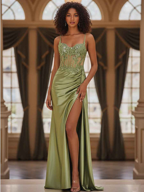 Fitted Applique V Neck Silk like Satin Corset Prom Dress with Slit BMBRIDE