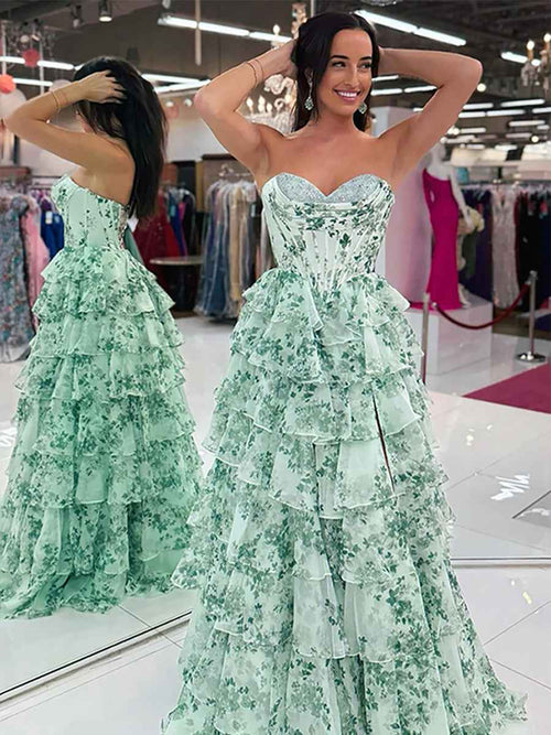 Floral Sweetheart Ruffled A-Line Long Prom Dress with Slit BMBRIDE