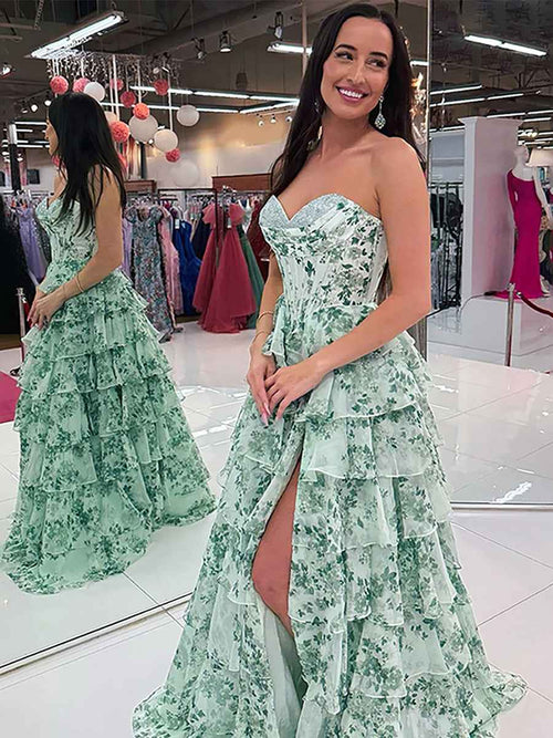 Floral Sweetheart Ruffled A-Line Long Prom Dress with Slit BMBRIDE