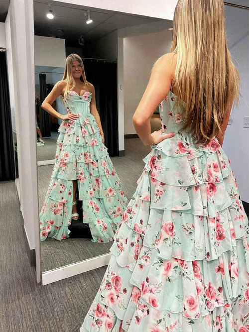 Floral Strapless Sweetheart Tiered Chiffon Prom Dress wit Train BMBRIDE