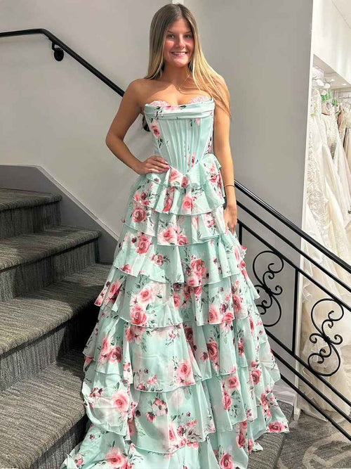 Floral Strapless Sweetheart Tiered Chiffon Prom Dress wit Train BMBRIDE