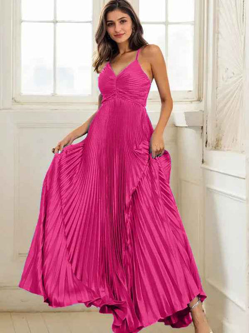 Fuchsia A Line Spaghetti Straps Pleated Long Prom Dress BMBRIDE