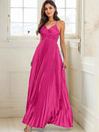 Fuchsia A Line Spaghetti Straps Pleated Long Prom Dress