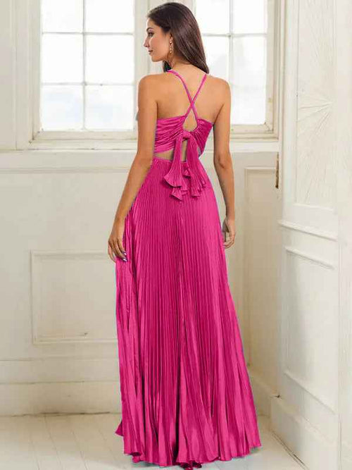 Fuchsia A Line Spaghetti Straps Pleated Long Prom Dress BMBRIDE