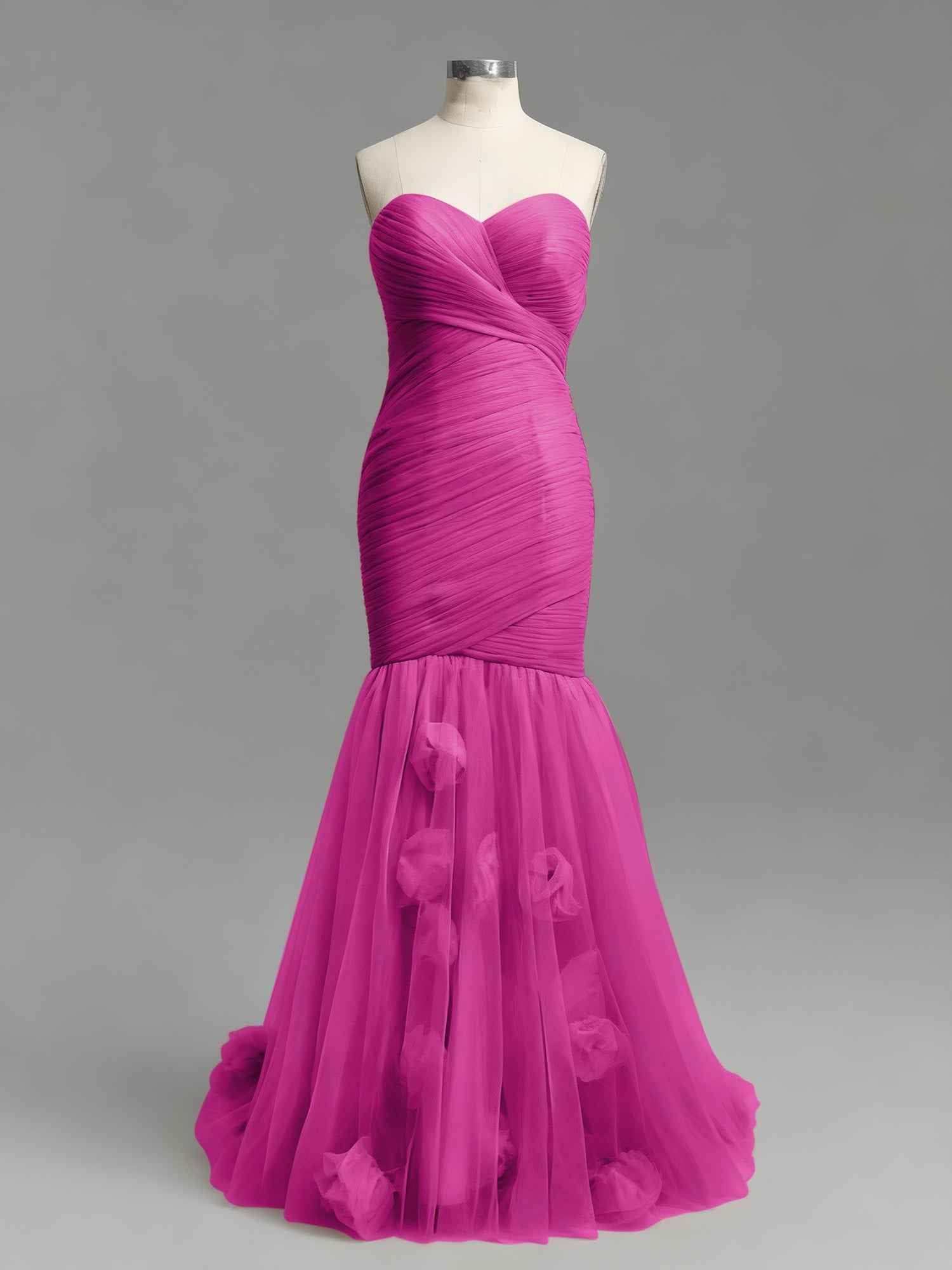 Dusty Rose Mermaid Strapless Ruched Tulle Prom Dress with 3D Floral