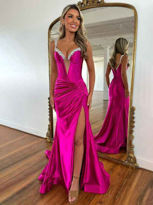 Fuchsia Mermaid Beaded Straps Lace Up Long Prom Dress with Slit BMBRIDE
