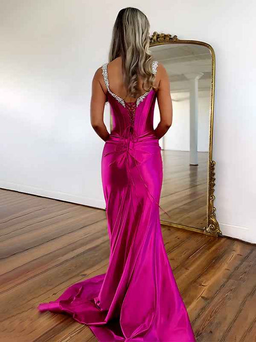 Fuchsia Mermaid Beaded Straps Lace Up Long Prom Dress with Slit BMBRIDE