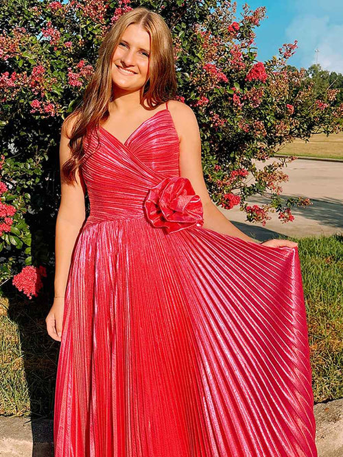Fuchsia Metallic Pleated Long Prom Dress with Rosette BMBRIDE