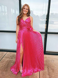 Fuchsia Metallic Pleated Long Prom Dress with Rosette