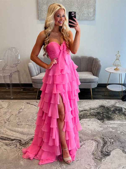 Fuchsia A-Line Sweetheart Chiffon Tiered Long Prom Dress with Slit BMBRIDE