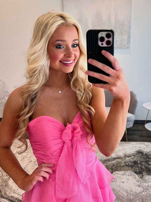 Fuchsia A-Line Sweetheart Chiffon Tiered Long Prom Dress with Slit BMBRIDE