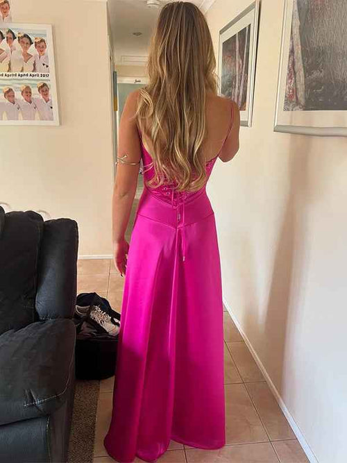 Fuchsia A-Line Spaghetti Straps Satin Long Prom Party Dress BMBRIDE