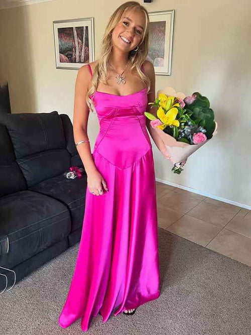 Fuchsia A-Line Spaghetti Straps Satin Long Prom Party Dress BMBRIDE