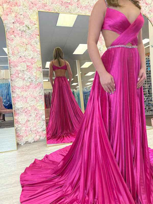 Fuchsia A Line Sequin Strap Pleated Long Prom Dress with Keyhole BMBRIDE