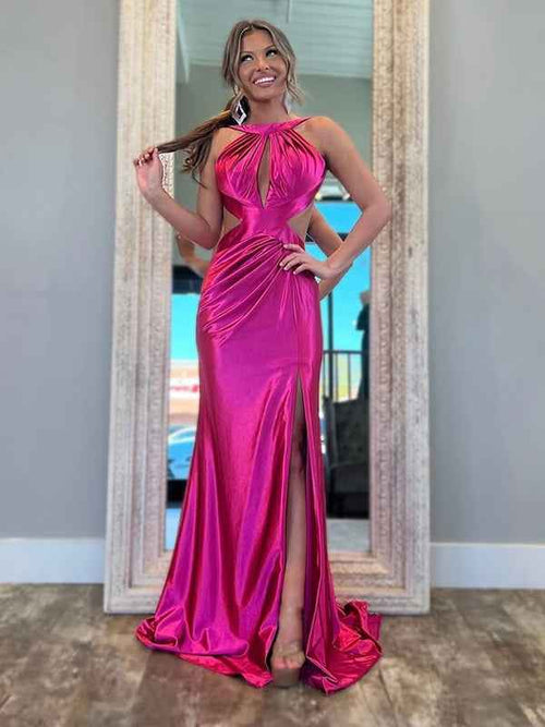 Fuchsia Mermaid Halter Keyhole Satin Long Prom Dress with Slit BMBRIDE