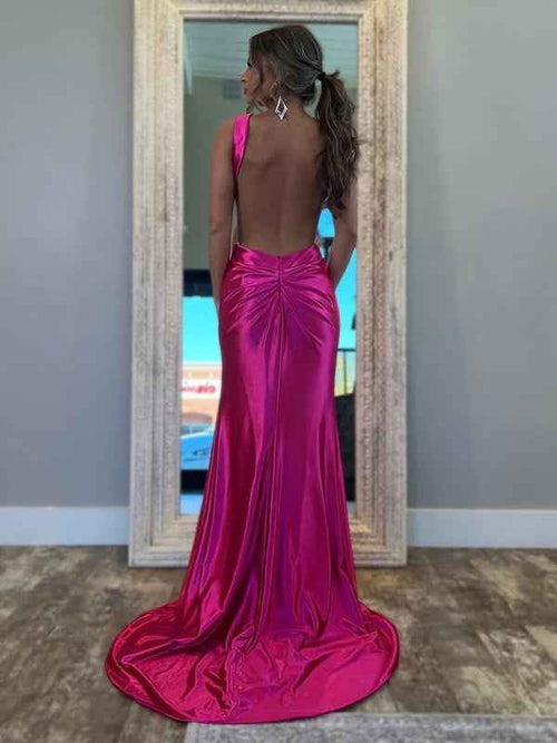 Fuchsia Mermaid Halter Keyhole Satin Long Prom Dress with Slit BMBRIDE