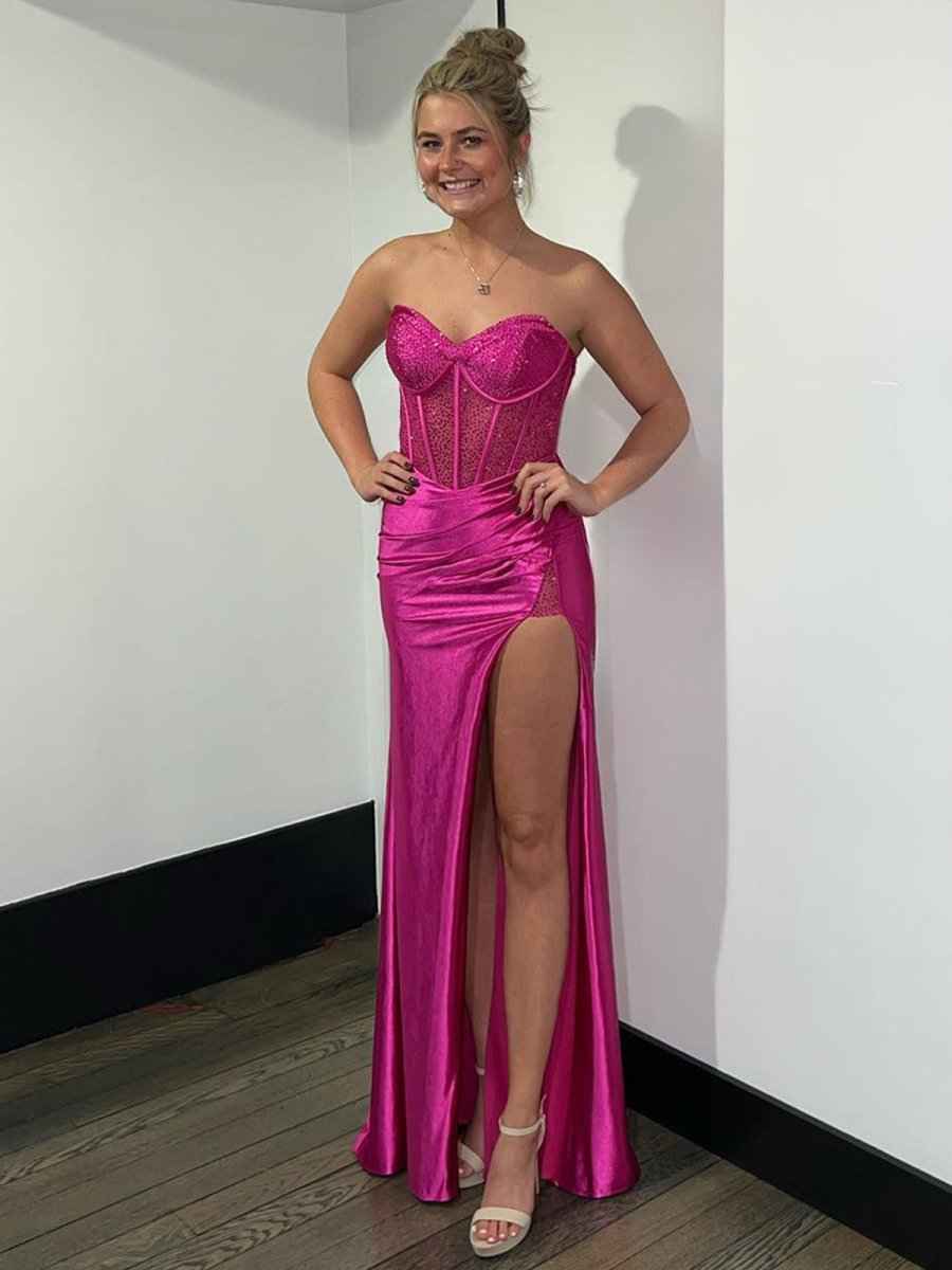 Blue Mermaid Spaghetti Straps Beaded Sweetheart Long Prom Dress with Slit