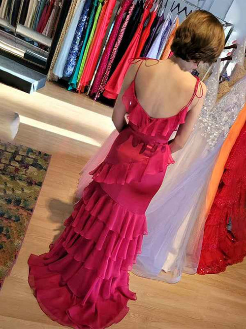 Fuchsia Mermaid Spaghetti Straps Ruffles Long Prom Party Dress BMBRIDE