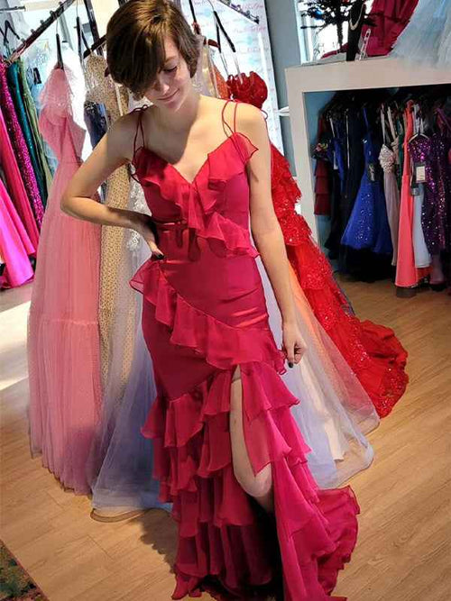 Fuchsia Mermaid Spaghetti Straps Ruffles Long Prom Party Dress BMBRIDE