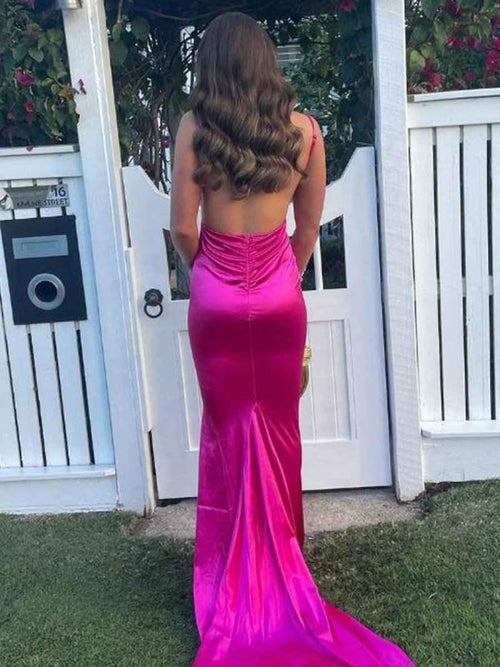 Fuchsia Mermaid Spaghetti Straps V Neck Plunge Satin Long Prom Dress BMBRIDE