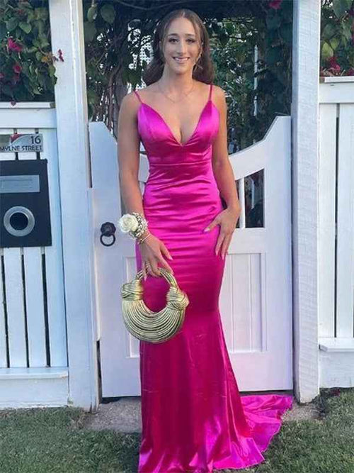 Fuchsia Mermaid Spaghetti Straps V Neck Plunge Satin Long Prom Dress BMBRIDE
