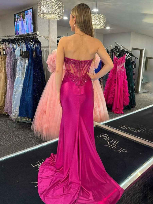 Fuchsia Mermaid Strapless Appliqued Satin Long Prom Dresses with Slit BMBRIDE