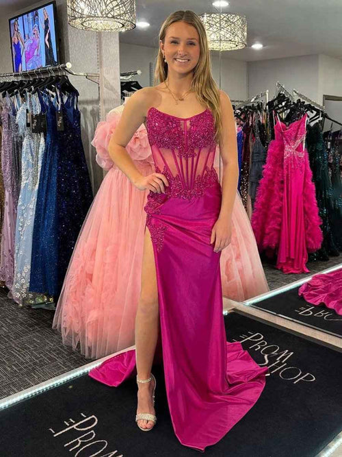 Fuchsia Mermaid Strapless Appliqued Satin Long Prom Dresses with Slit BMBRIDE