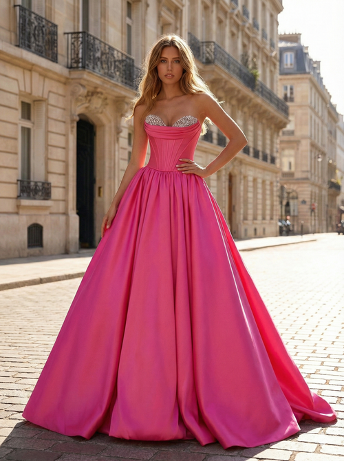 Fuchsia Sweetheart Satin Prom Dress with Crystal-Embellished Bustier BMBRIDE