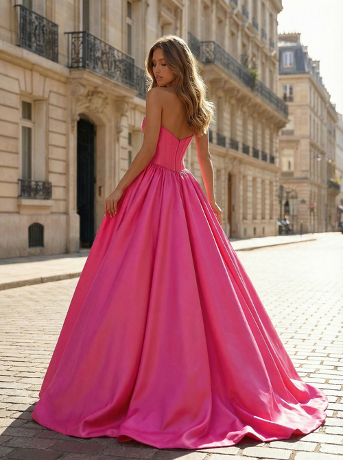 Fuchsia Sweetheart Satin Prom Dress with Crystal-Embellished Bustier BMBRIDE