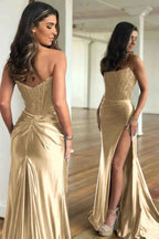 Fuchsia Strapless Corset Mermaid Long Satin Prom Dress with Slit