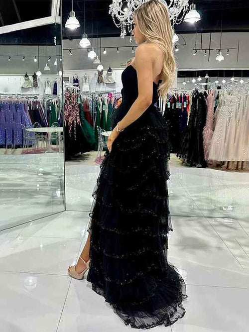 Glitter Black A-Line Strapless Tulle Long Prom Dress with Ruffled BMBRIDE