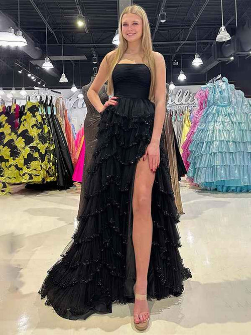 Glitter Black A-Line Strapless Tulle Long Prom Dress with Ruffled BMBRIDE
