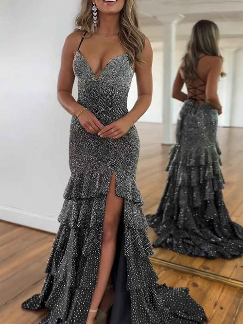 Glamorous Black Sparkle Tiered Ruffle Mermaid Prom Dress with Slit BMBRIDE