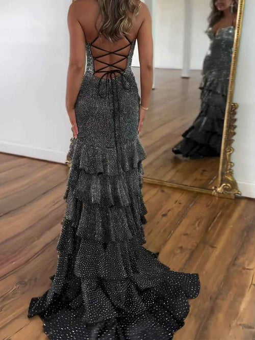 Glamorous Black Sparkle Tiered Ruffle Mermaid Prom Dress with Slit BMBRIDE