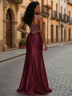 Glamorous Cascading Crystal Beaded Bodice Prom Dress with Slit