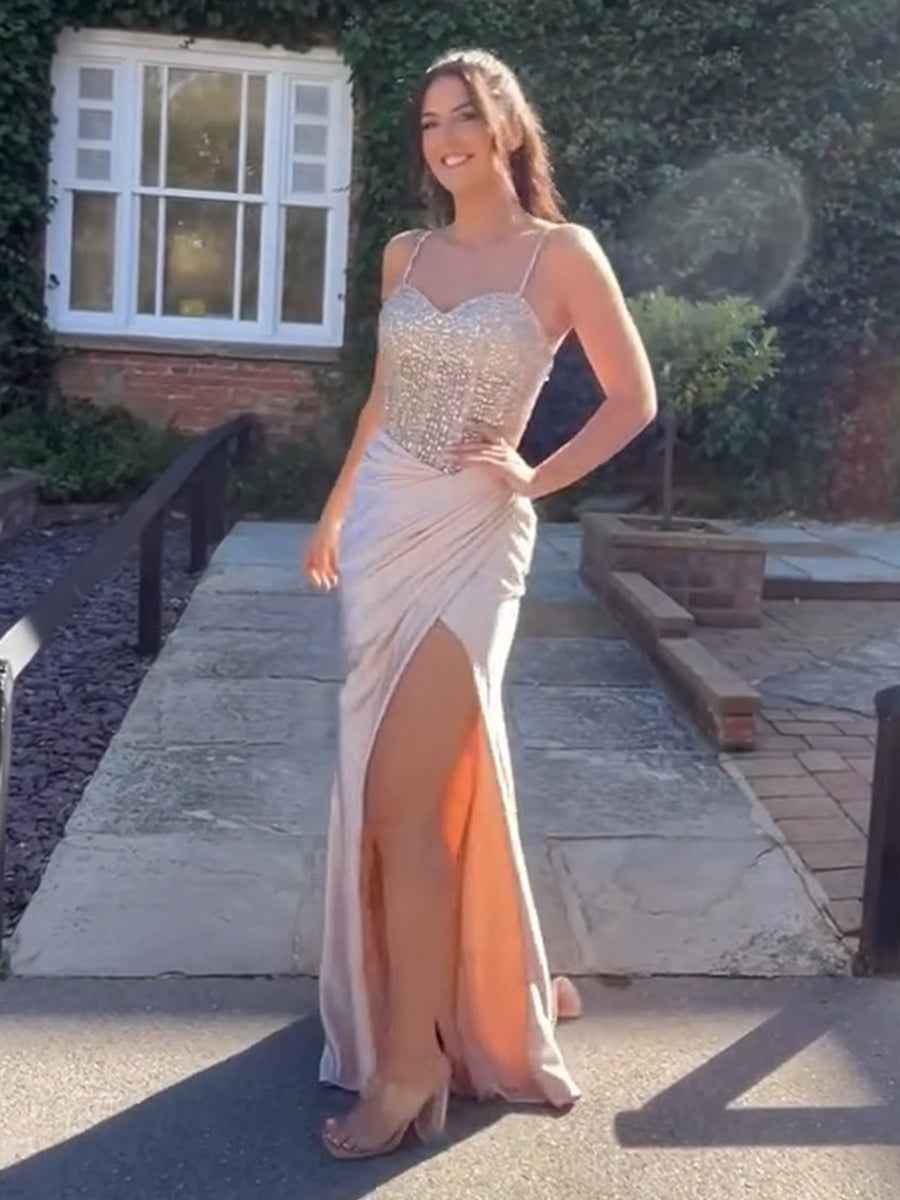 Glamorous Champagne Beaded Bodice Satin Prom Dress with High Slit