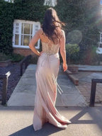 Glamorous Champagne Beaded Bodice Satin Prom Dress with High Slit
