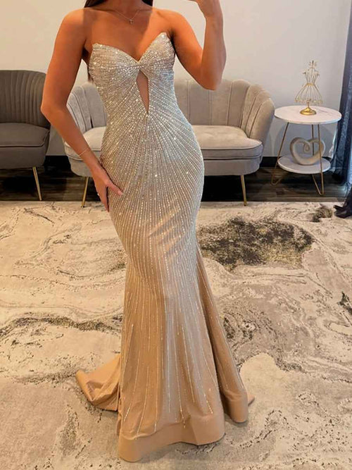 Glamorous Champagne Strapless Starburst Beaded Mermaid Prom Dress BMBRIDE