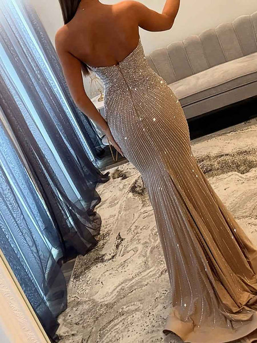 Glamorous Champagne Strapless Starburst Beaded Mermaid Prom Dress BMBRIDE