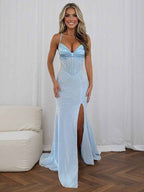 Glamorous Icy Blue Glitter Corset Prom Dress with Thigh-High Slit
