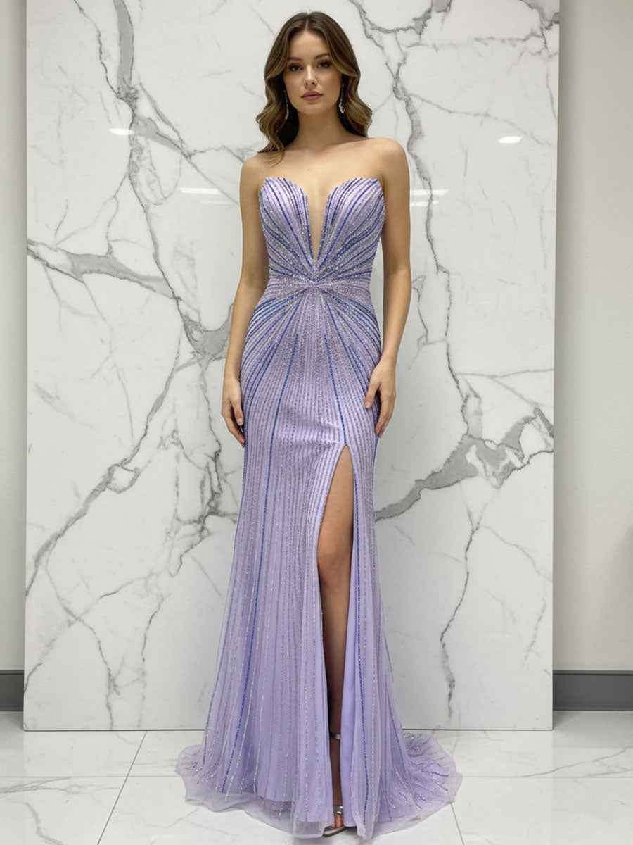 Glamorous Lilac Linear Beaded Long Prom Dress with Slit