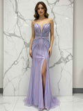 Glamorous Lilac Linear Beaded Long Prom Dress with Slit