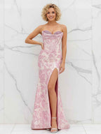 Glamorous Pink Floral Jacquard Corset Prom Dress with Beaded Bustier