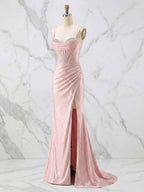 Glamorous Pink Shimmer Satin Corset Prom Dress with Crystal Bust